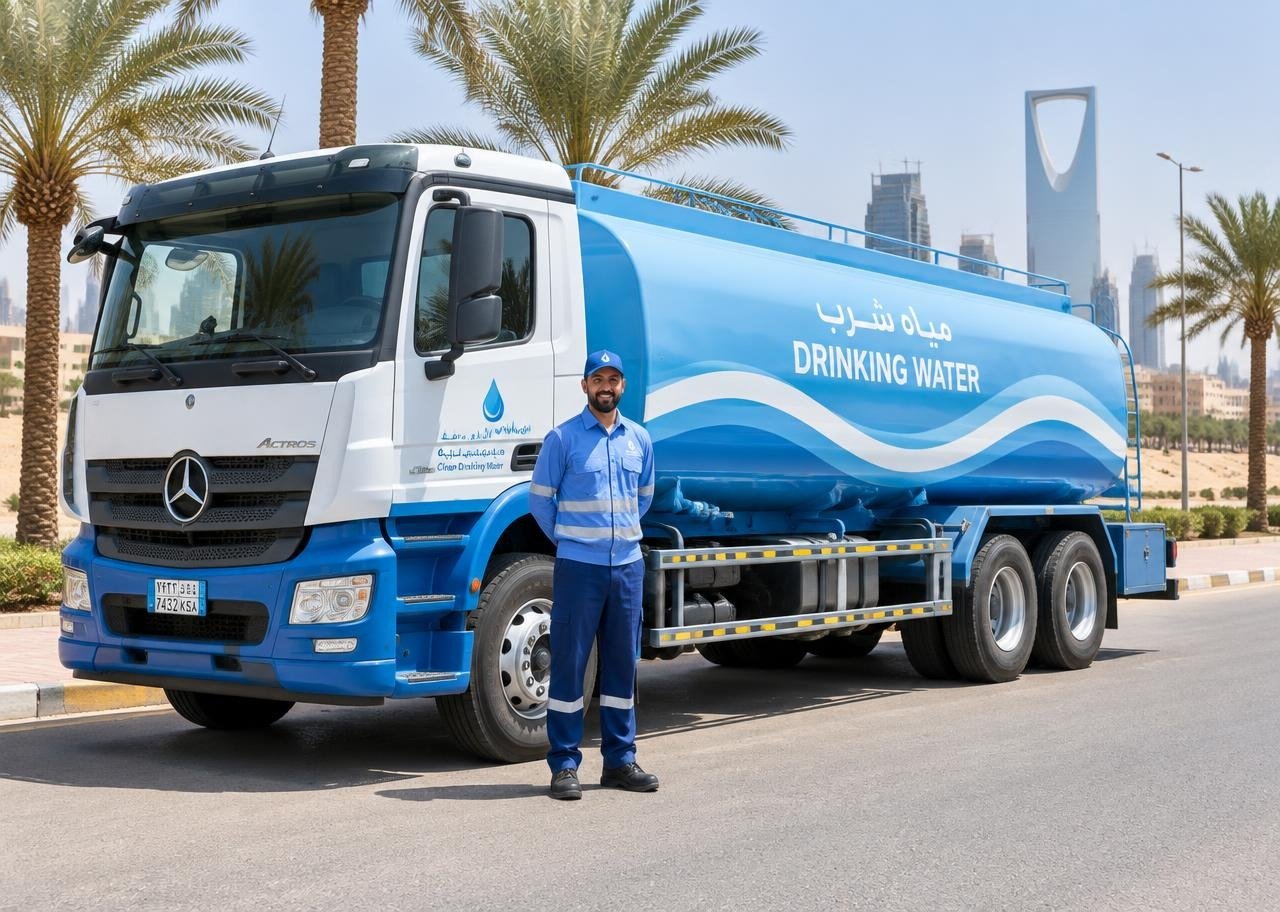 Al Kharj Water delivery truck with driver in Riyadh