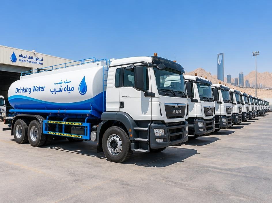 Fleet of water delivery trucks parked at the depot