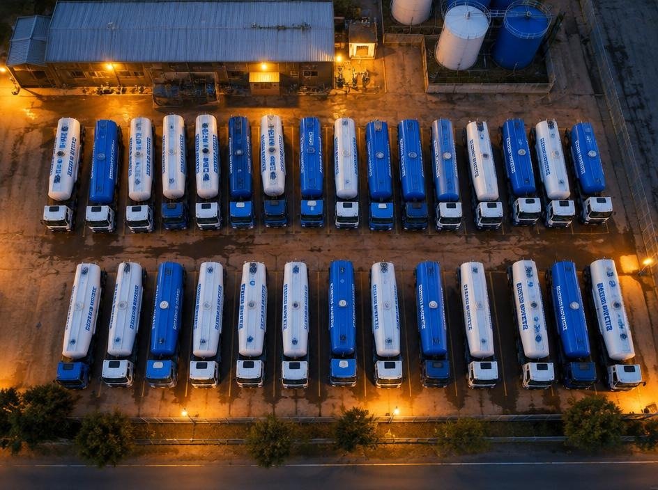 Water tanker trucks lined up at night